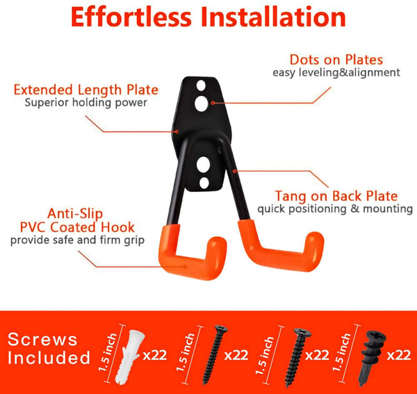 Garage Hooks, 12 Pack Wall Storage Hooks with 2 Extension Cord Storage Straps, Heavy Duty Tool Hangers for Utility Organizations, Wall Mount Holders for Garden Lawn Tools, Ladders, Bike (Orange)